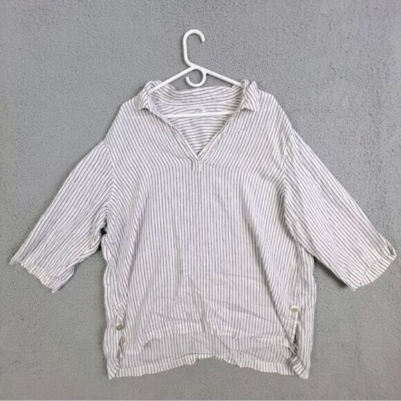 SIGRID OLSEN WOMENS LINEN BLOUSE SIZE 2X WHITE WITH STRIPES - Picture 1 of 10
